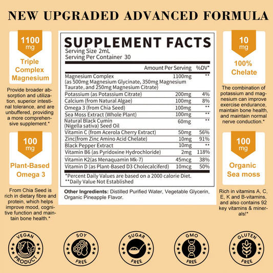 2 Packs Potassium Magnesium Supplement Liquid - High Absorption Magnesium Complex & Potassium Plus Calcium, Vitamin D, Zinc for Leg Cramps & Bone & Energy & Immune Support - Sugar Free, 2 fl oz