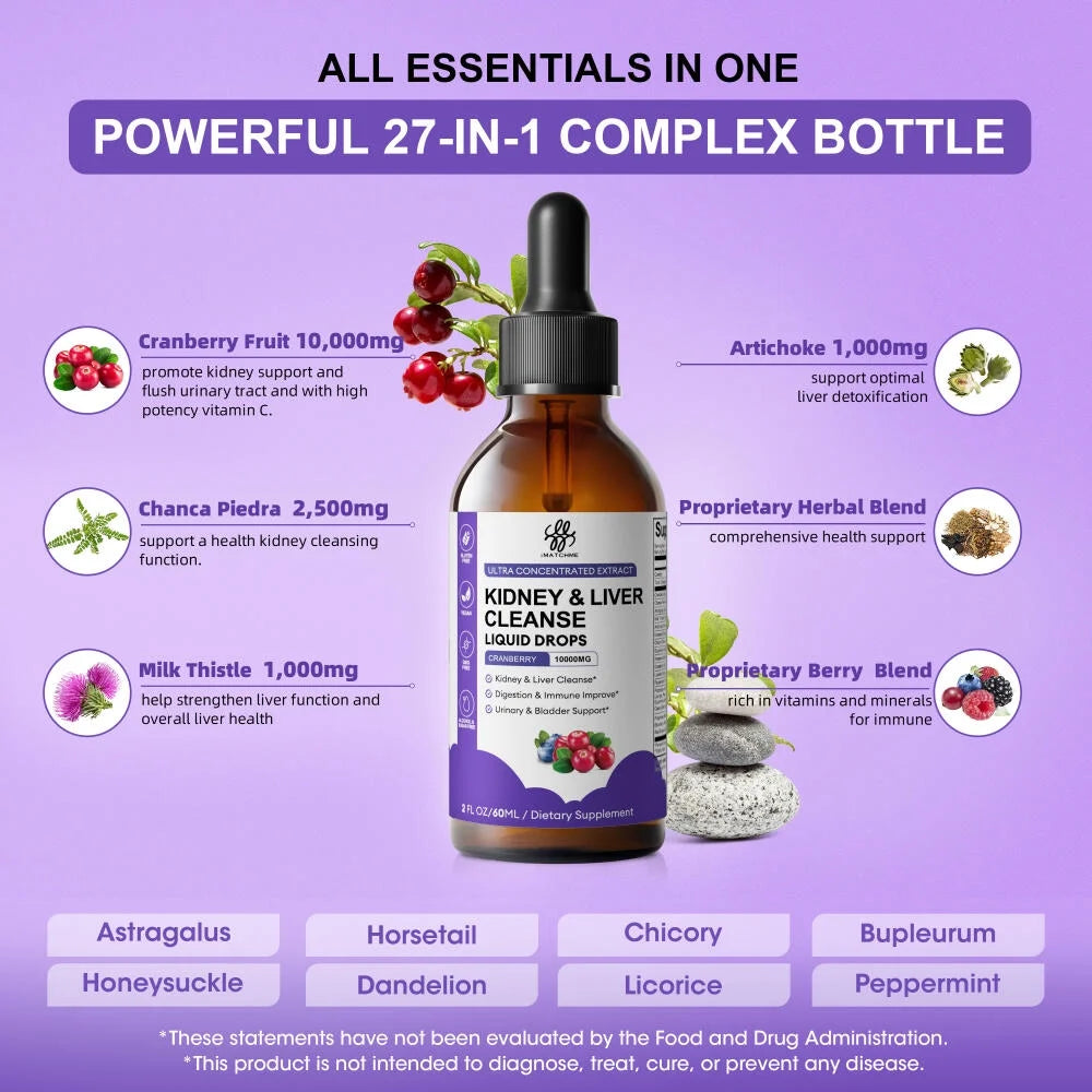 Kidney & Liver Cleanse Drops - 27-in-1 Kidney and Liver Cleanse Detox & Repair Drops - High Absorption Vegan Kidney Support Supplement - 2 oz