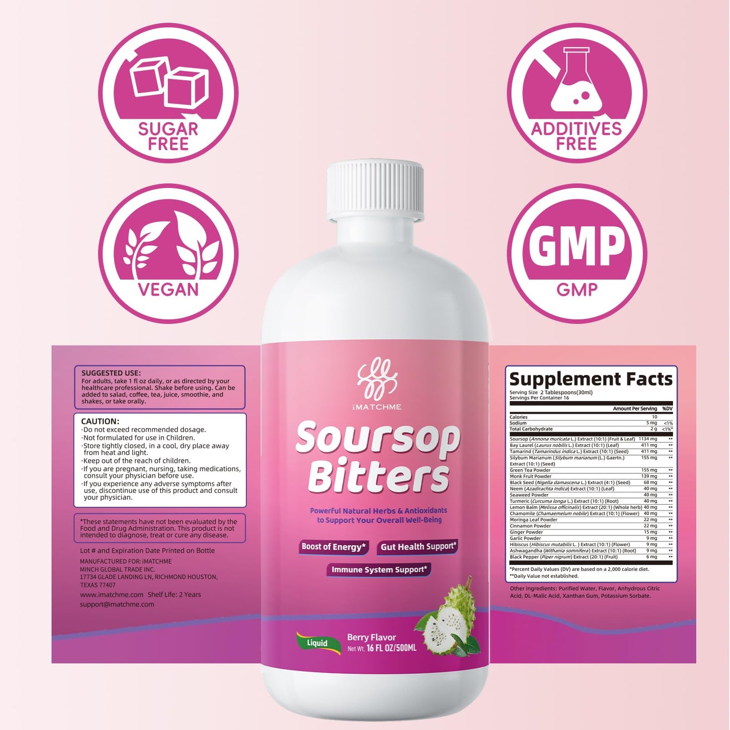iMATCHME 20-in-1 Soursop Bitters Liquid - Herbal Gut Cleanse, Immune Support & Vitality Tonic (16 fl oz)
