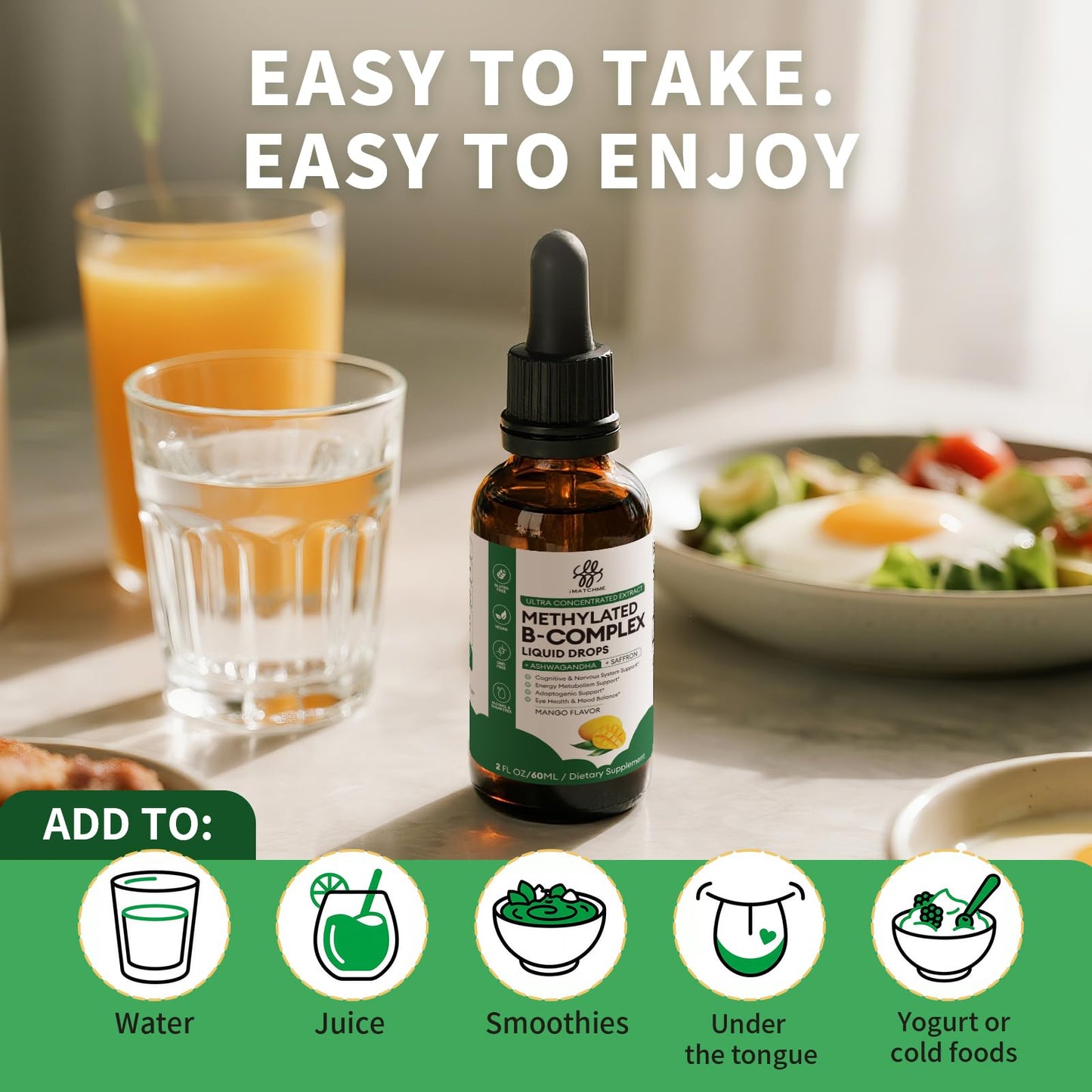 iMATCHME Methylated B Complex Liquid Drops - Max Absorption L-Methylfolate (L-5-MTHF), Vitamin B12 Methylcobalamin & B6 - with Ashwagandha & Saffron for Energy, Focus, Mood & Brain Health Support - Vegan, Mango Flavor, 2 Fl Oz