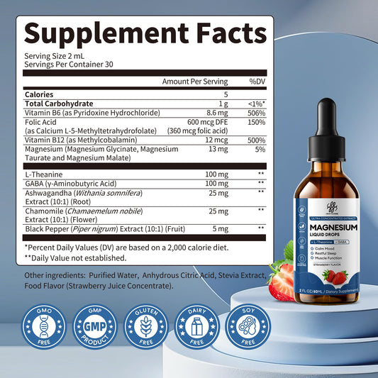 iMATCHME Liquid Magnesium Glycinate Drops - Triple Calm Formula with GABA & L-Theanine for Sleep, Stress Relief & Muscle Relaxation (Strawberry Flavor, 2oz)