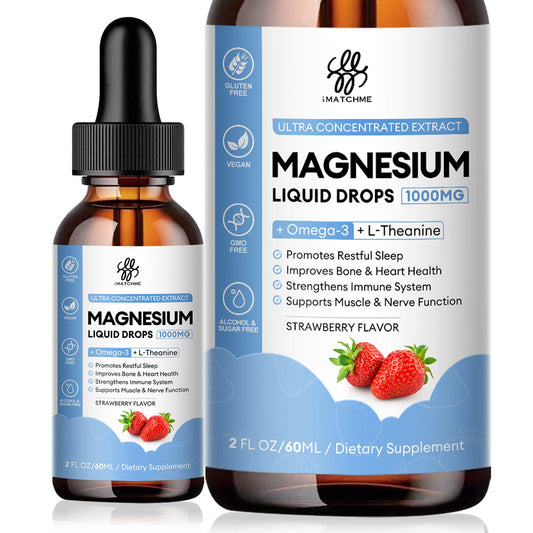 Magnesium Glycinate Liquid Drop with Citrate, Oxide and Taurate, Calm Magnesium with Omega3, L-Theanine, D3, B6, B12 for Calm, Sleep, Leg Cramps, Muscles, Energy, Sugar-Free Strawberry Flavor, 2 Fl Oz