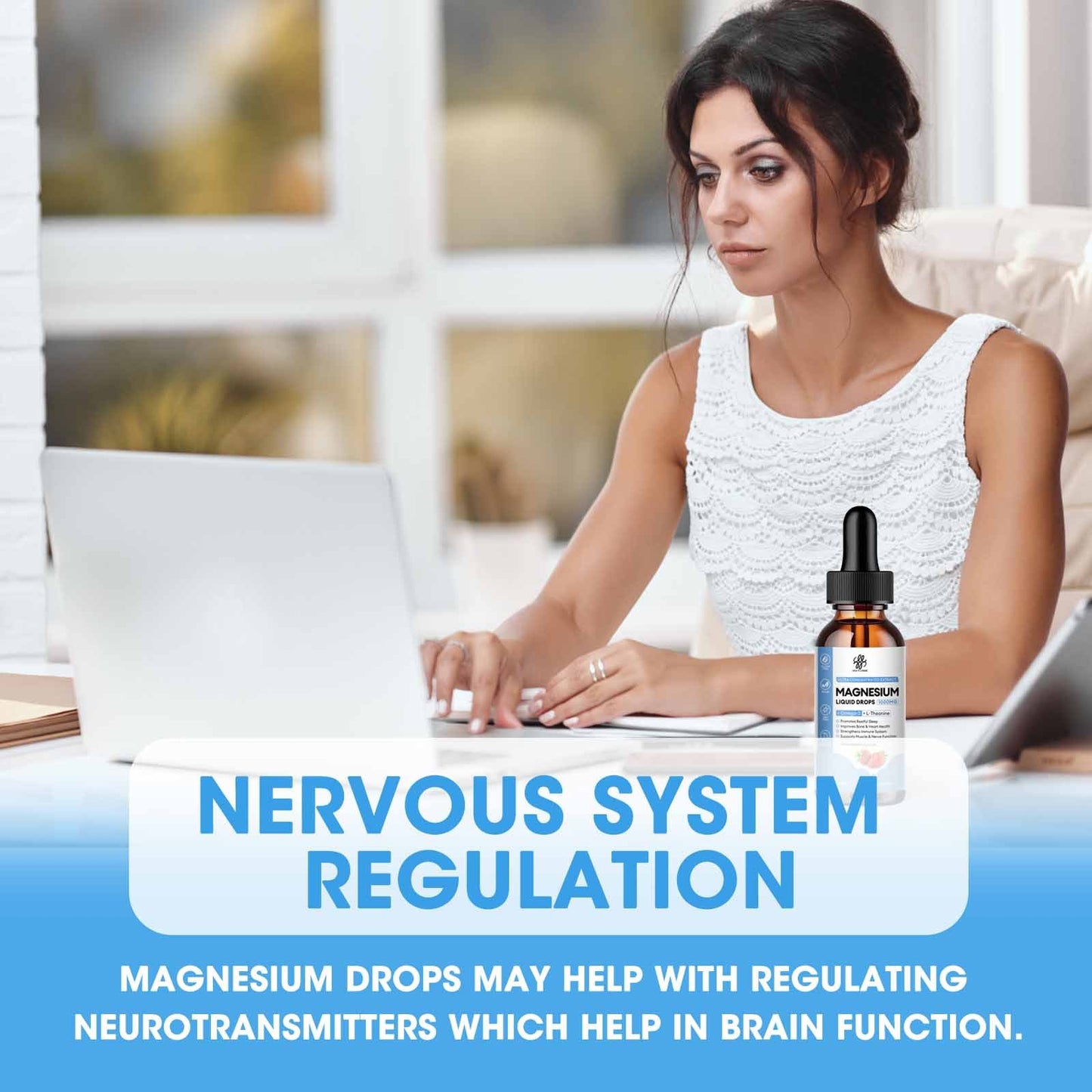 Magnesium Glycinate Liquid Drop with Citrate, Oxide and Taurate, Calm Magnesium with Omega3, L-Theanine, D3, B6, B12 for Calm, Sleep, Leg Cramps, Muscles, Energy, Sugar-Free Strawberry Flavor, 2 Fl Oz