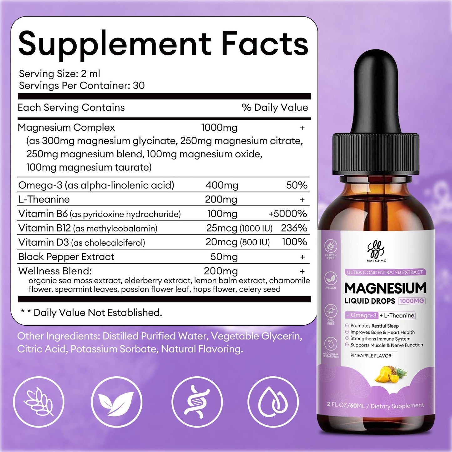 Magnesium Complex, Magnesium Glycinate, Oxide, Taurate and Citrate Liquid Drops for Bone, Heart, Muscle, Immune, Energy, Sleep & Digestion, High Absorption, Sugar-Free Pineapple Flavor, 2 Fl Oz