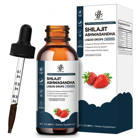 Shilajit Liquid Drop 1400MG with Ashwagandha for Enhanced Energy and Immune Support, Shilajit for Men Energy Booster, Sugar-Free, Strawberry Flavor, 2 Fl Oz
