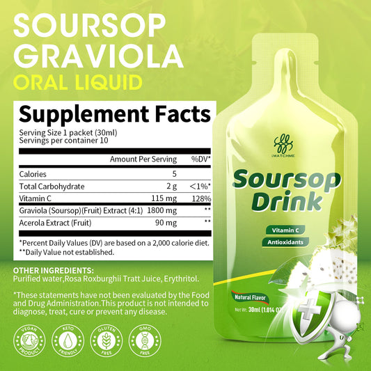 1800mg Soursop Graviola Extract - Soursop Bitters Liquid for Antioxidants, Immune Support, Digestive & Natural Energy Boost - Vegan & Gluten Free, Natural Flavor, 10 oz (10 Packs)
