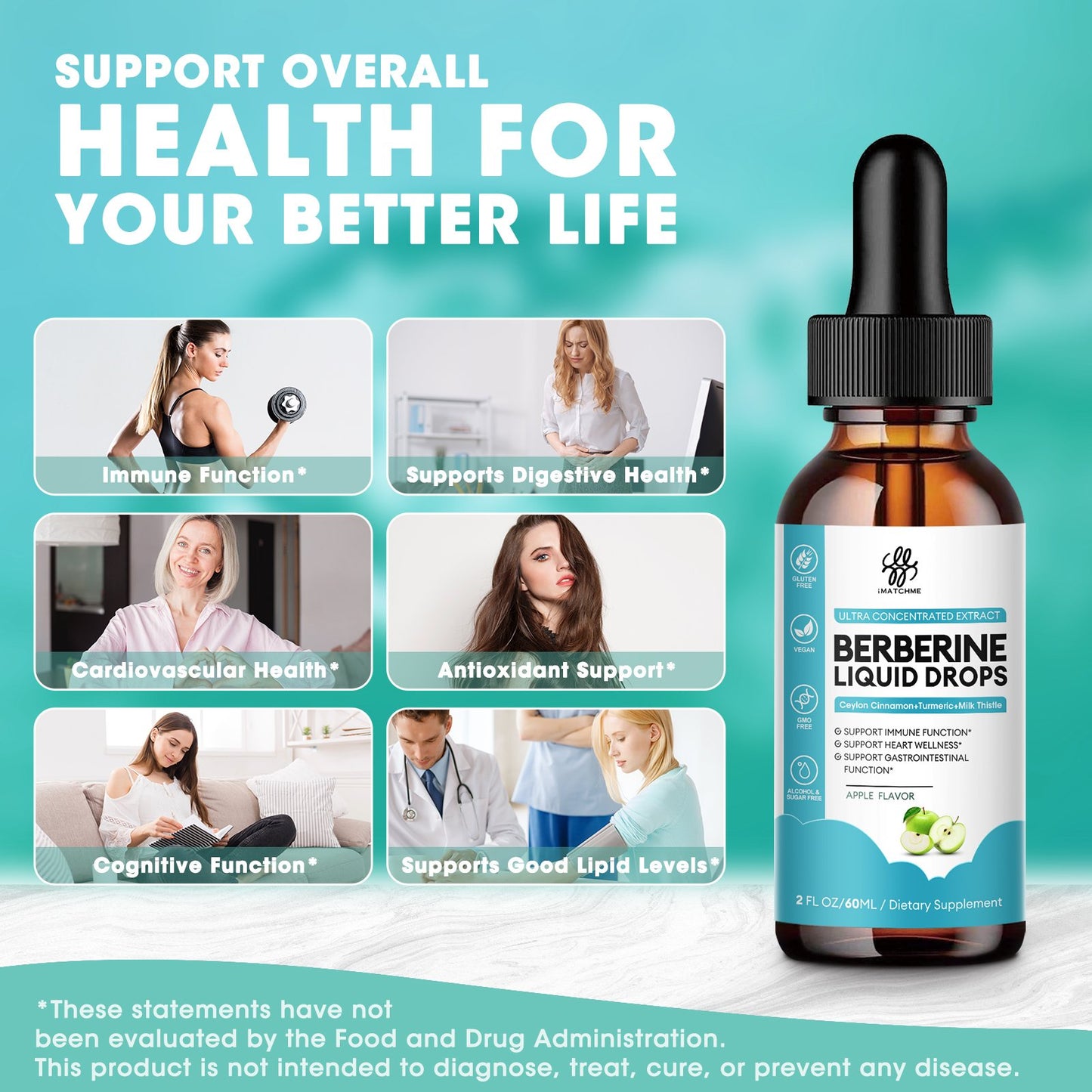 Berberine HCL 1200mg, 6-in-1 Berberine Complex Liquid drop for Cardiovascular Care & Body Management, Berberine with Ceylon Cinnamon, Antioxidant & Heart Health Support, Apple Flavor, 2 Fl Oz