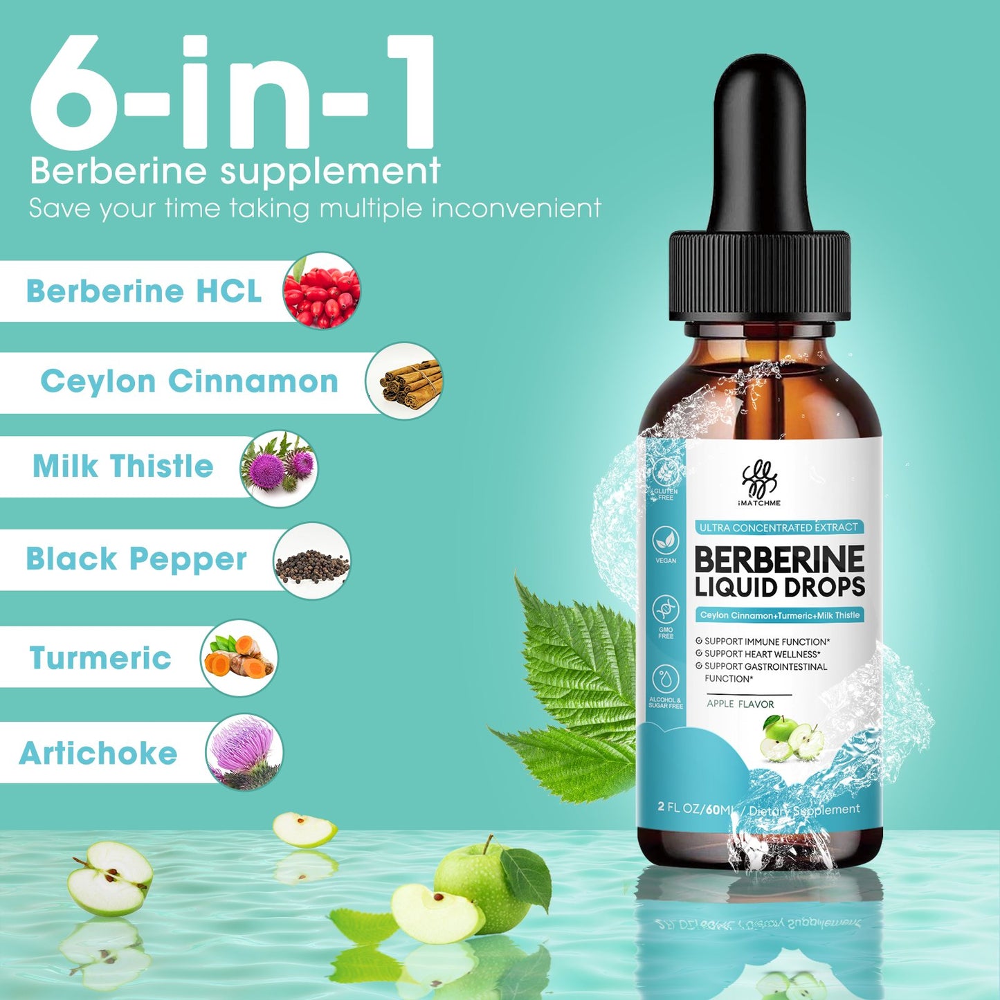 Berberine HCL 1200mg, 6-in-1 Berberine Complex Liquid drop for Cardiovascular Care & Body Management, Berberine with Ceylon Cinnamon, Antioxidant & Heart Health Support, Apple Flavor, 2 Fl Oz