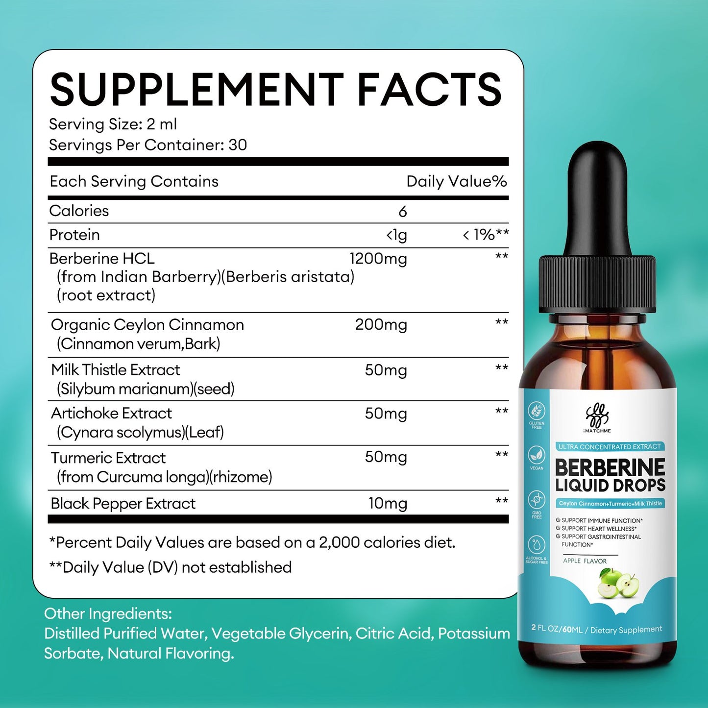 Berberine HCL 1200mg, 6-in-1 Berberine Complex Liquid drop for Cardiovascular Care & Body Management, Berberine with Ceylon Cinnamon, Antioxidant & Heart Health Support, Apple Flavor, 2 Fl Oz