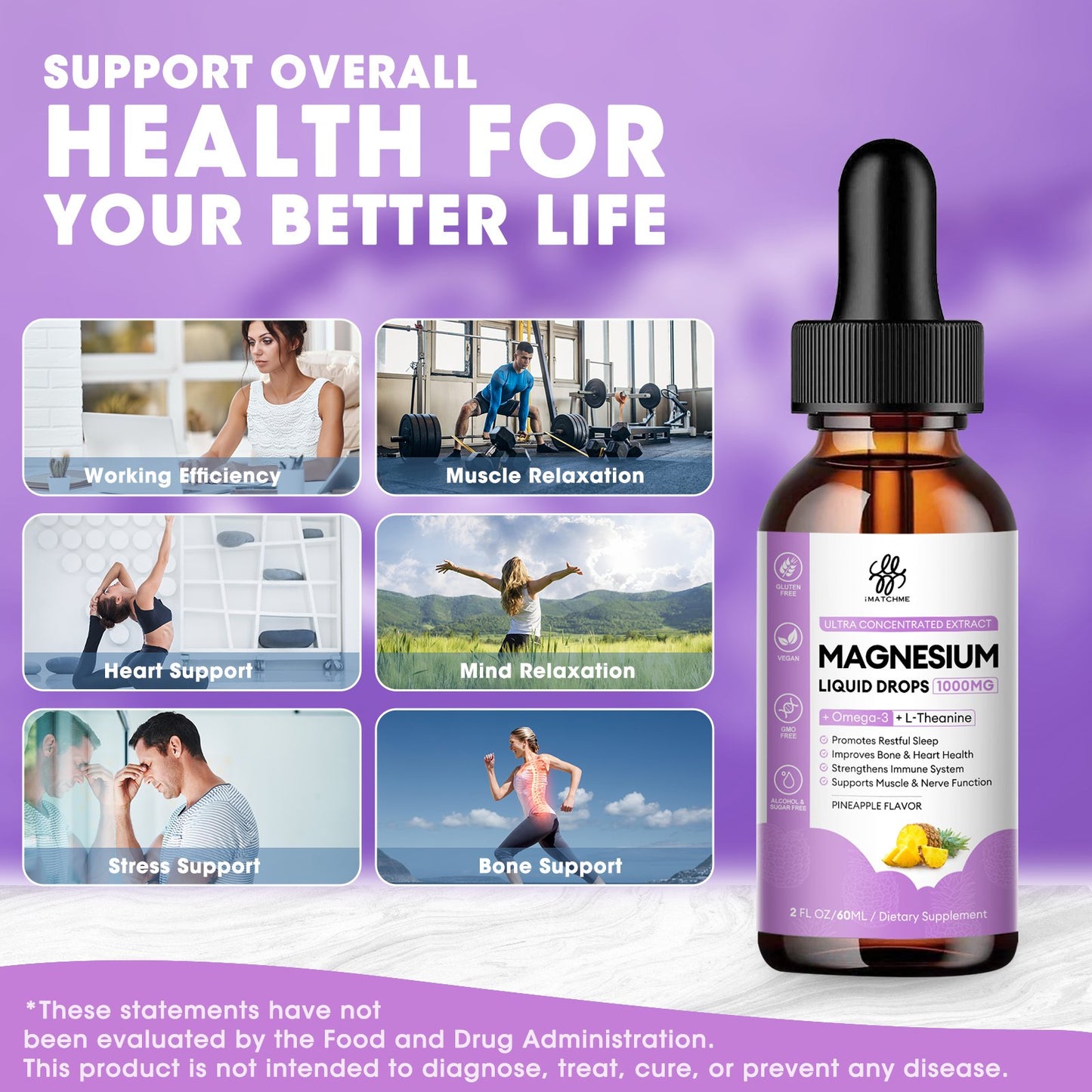Magnesium Complex, Magnesium Glycinate, Oxide, Taurate and Citrate Liquid Drops for Bone, Heart, Muscle, Immune, Energy, Sleep & Digestion, High Absorption, Sugar-Free Pineapple Flavor, 2 Fl Oz
