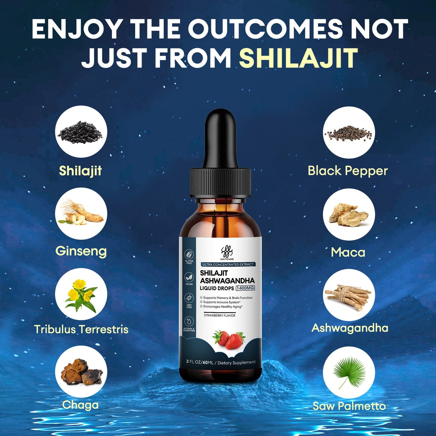 Shilajit Liquid Drop 1400MG with Ashwagandha for Enhanced Energy and Immune Support, Shilajit for Men Energy Booster, Sugar-Free, Strawberry Flavor, 2 Fl Oz