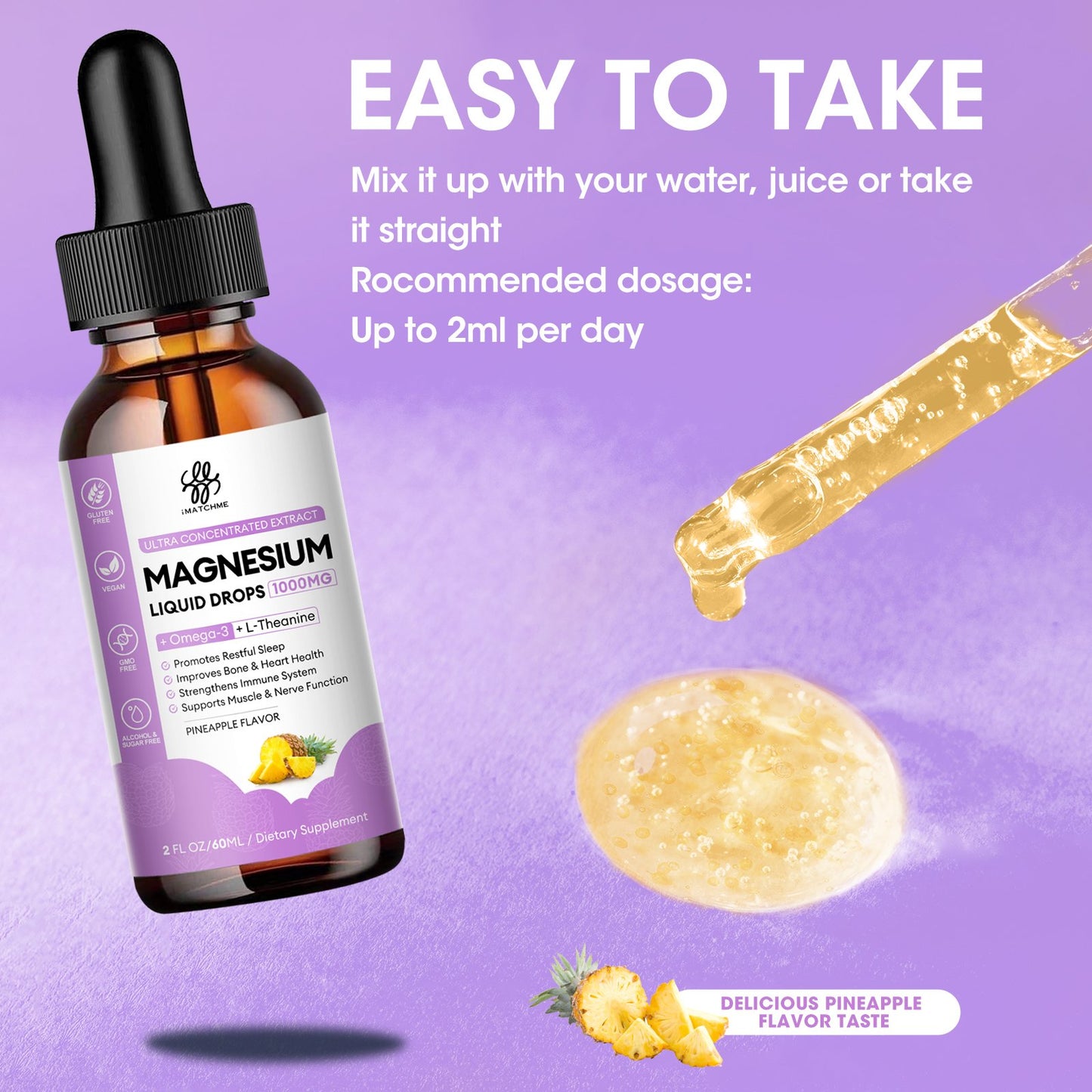 Magnesium Complex, Magnesium Glycinate, Oxide, Taurate and Citrate Liquid Drops for Bone, Heart, Muscle, Immune, Energy, Sleep & Digestion, High Absorption, Sugar-Free Pineapple Flavor, 2 Fl Oz