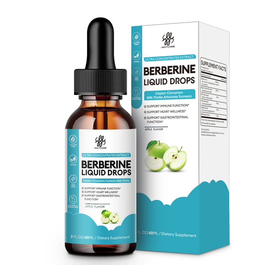Berberine HCL 1200mg, 6-in-1 Berberine Complex Liquid drop for Cardiovascular Care & Body Management, Berberine with Ceylon Cinnamon, Antioxidant & Heart Health Support, Apple Flavor, 2 Fl Oz