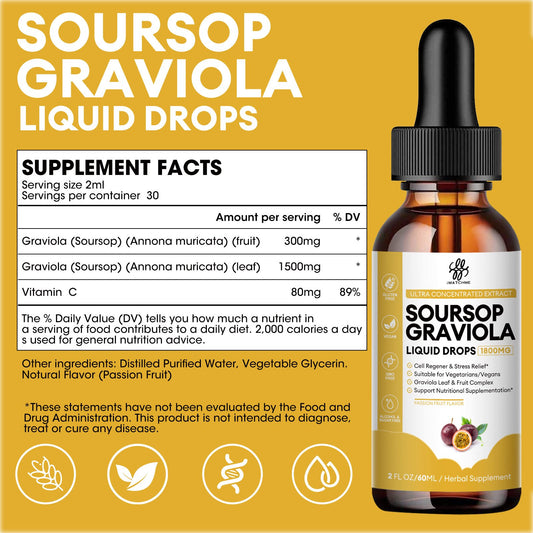 Premium Soursop Graviola for Digestion, Support Healthy Skin & Sleep, Soursop Extract Liquid Drop from Graviola Leaf and Fruit, Sugar/Caffeine/Gluten Free, Passion Fruit Flavor, 2 Fl Oz