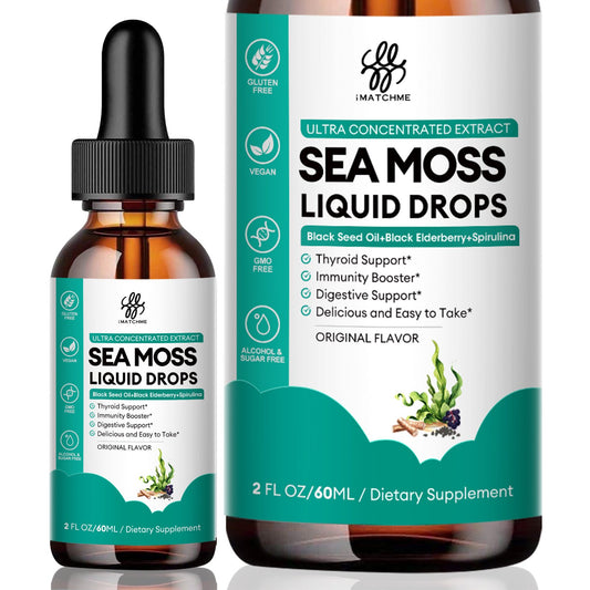 Sea Moss with Black Seed Oil, Spirulina, Black Elderberry, Burdock Root, Bladderwrack, Irish Sea Moss Liquid Drops for Immune System, Gut, Skin & Energy, Original Flavor, 2 Fl Oz