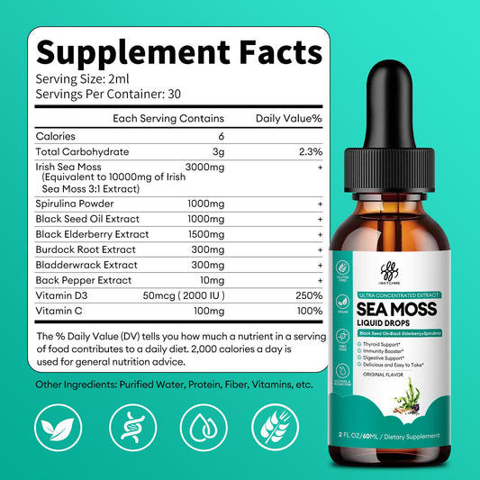 Sea Moss with Black Seed Oil, Spirulina, Black Elderberry, Burdock Root, Bladderwrack, Irish Sea Moss Liquid Drops for Immune System, Gut, Skin & Energy, Original Flavor, 2 Fl Oz