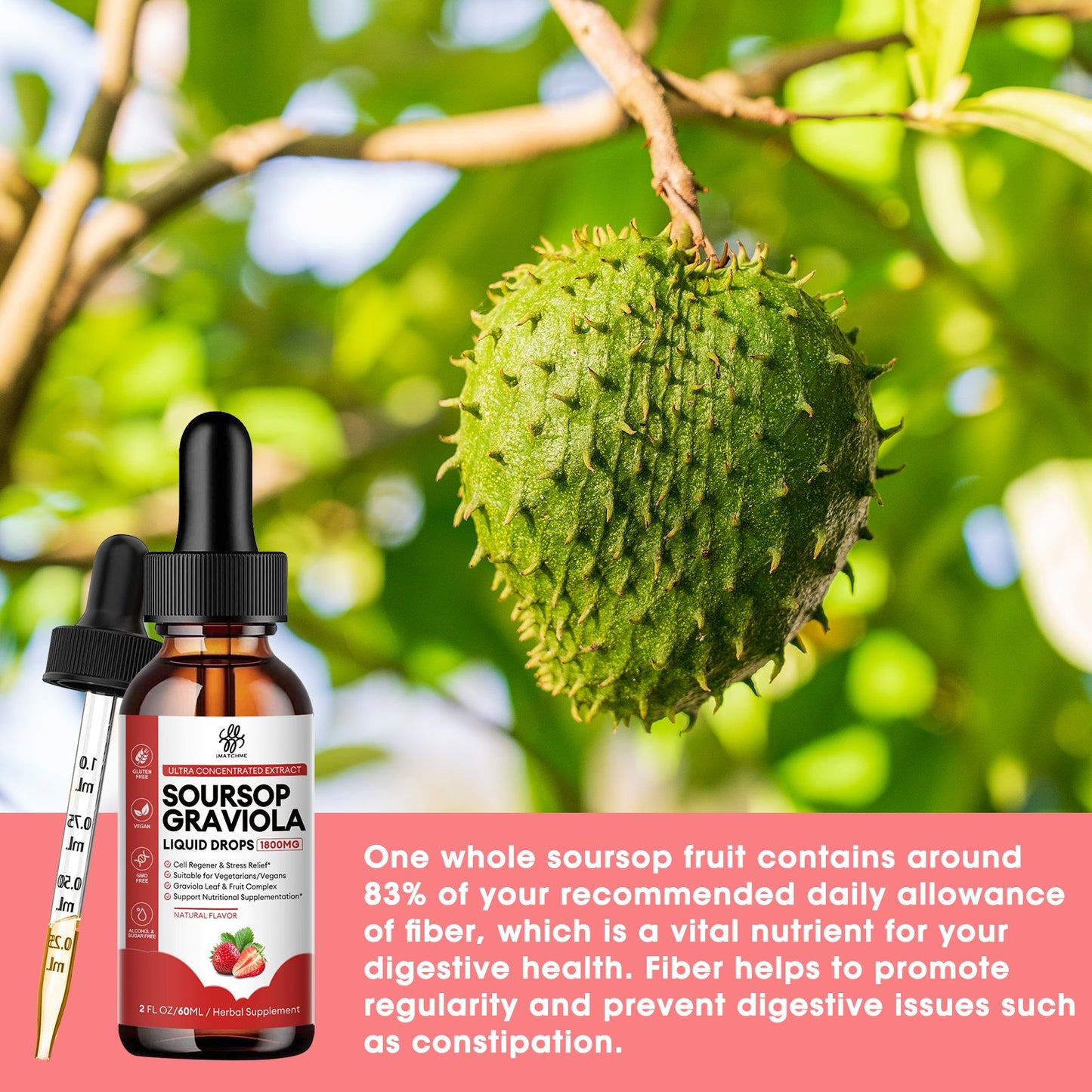 Soursop Graviola Liquid Drop Strawberry Flavor Natural Soursop Leaves & Fruit Complex for Overall Wellness