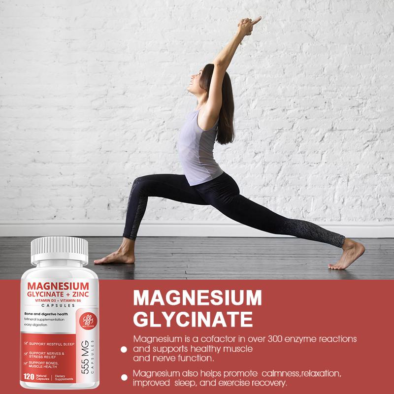 Magnesium Glycinate Capsules - Supplement to Support Stress Relief, Sleep, Heart Health, Nerves, Muscles, and Metabolism* - with Zinc Vitamin D3 D6 Pills