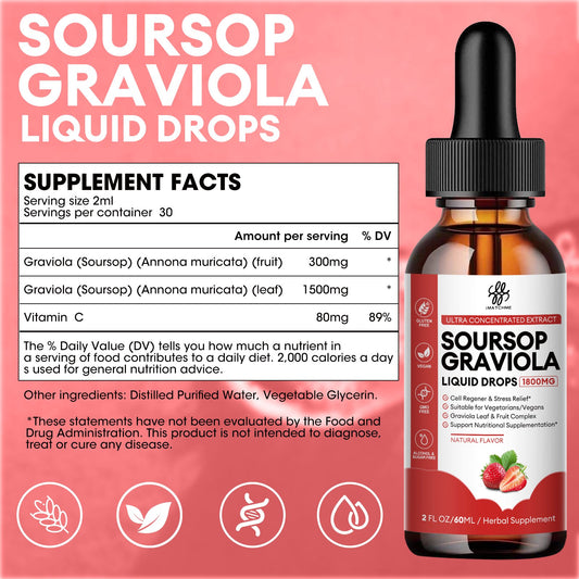 Soursop Graviola Liquid Drop Strawberry Flavor Natural Soursop Leaves & Fruit Complex for Overall Wellness