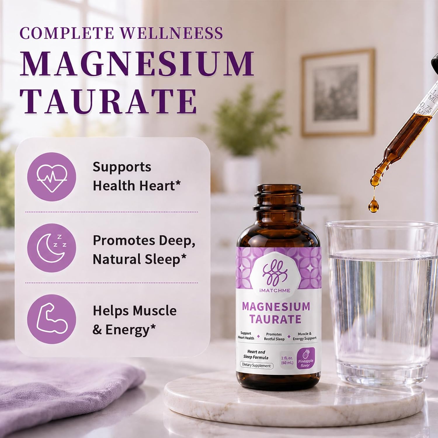 iMATCHME Magnesium Taurate Liquid Drops, Pineapple Flavor, (2 Pack) | Liquid Magnesium with Taurine, Vitamin B6 & Citrus Bergamot; Supports Heart, Muscle & Nerve Health; Vegan, Non-GMO