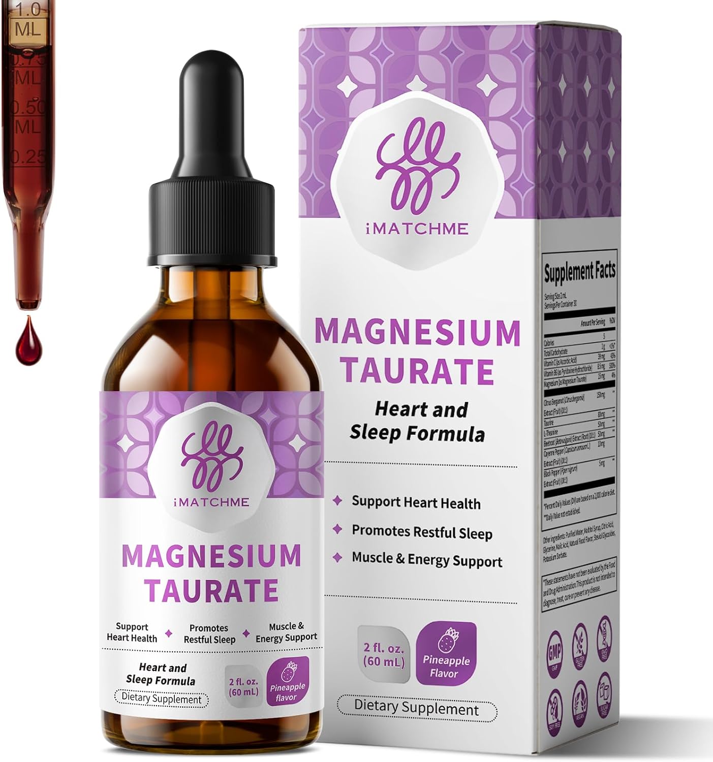 iMATCHME Magnesium Taurate Liquid Drops, Pineapple Flavor, 2 Fl Oz | Liquid Magnesium with Taurine, Vitamin B6 & Citrus Bergamot; Supports Heart, Muscle & Nerve Health; Vegan, Non-GMO