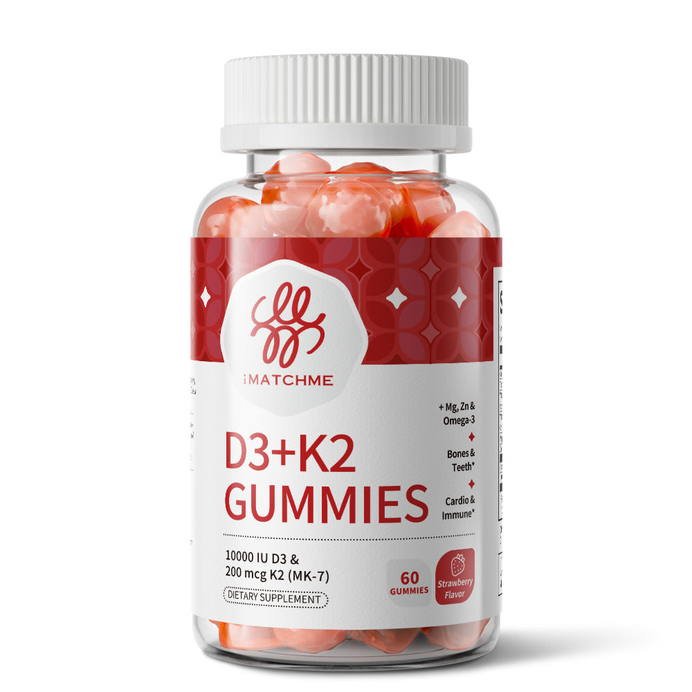 iMATCHME High Potency Vitamin D3 + K2 (MK-7) Gummies - 10000 IU D3 & 200 mcg K2 with Omega-3, Magnesium & Zinc - Strawberry Filled Liquid-Core Sugar-Free Complex