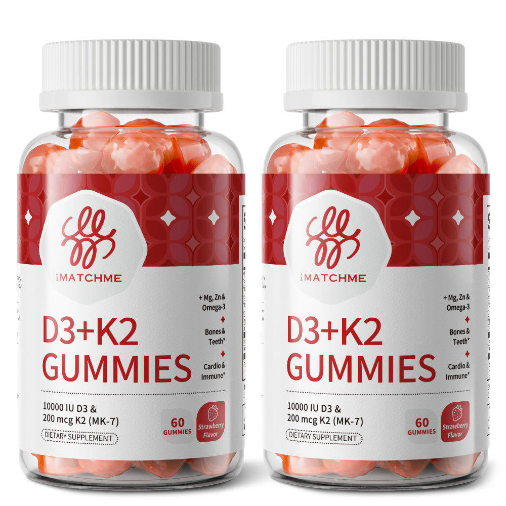 iMATCHME High Potency Vitamin D3 + K2 (MK-7) Gummies - 10000 IU D3 & 200 mcg K2 with Omega-3, Magnesium & Zinc - Strawberry Filled Liquid-Core Sugar-Free Complex