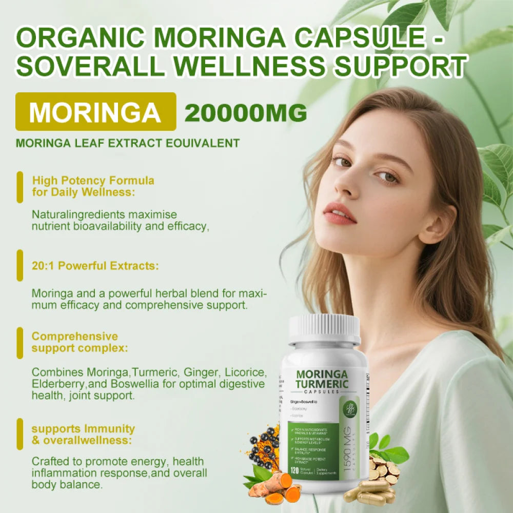 Moringa Capsules - Pure Moringa Powder Leaf Supplement, Energy, Skin, Immune & Gut Health Superfood, Rich in Antioxidants - Non GMO, Vegan, Gluten-Free - 120 Capsules