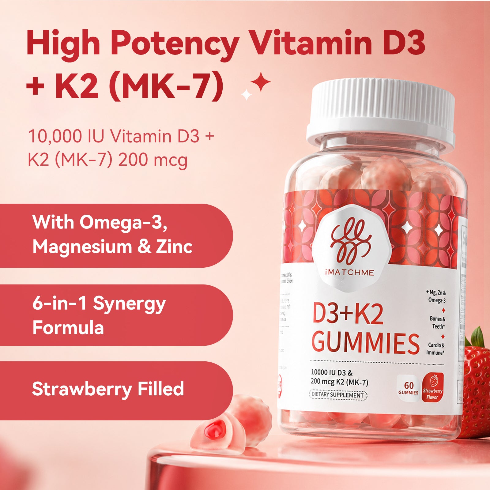 iMATCHME High Potency Vitamin D3 + K2 (MK-7) Gummies - 10000 IU D3 & 200 mcg K2 with Omega-3, Magnesium & Zinc - Strawberry Filled Liquid-Core Sugar-Free Complex