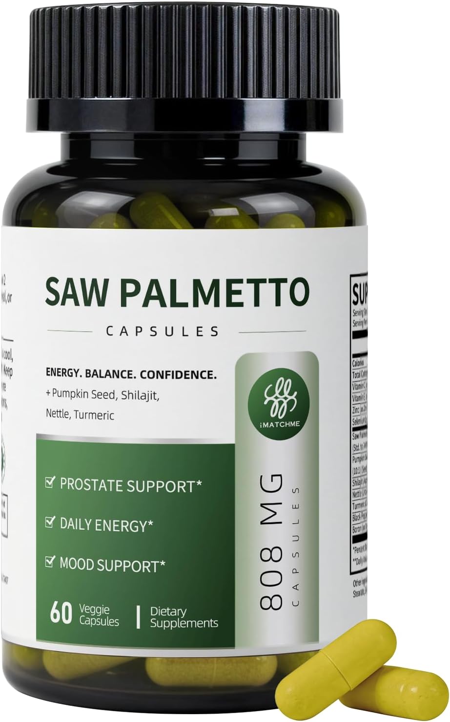 Saw Palmetto for Men Prostate Health Supplement to Promote Urinary Tract Function - with Pumpkin Seed Oil & Shilajit - 808mg Per Serving - DHT Blocker Hair Vitamin - Vegan, Non-GMO, 60 Capsules