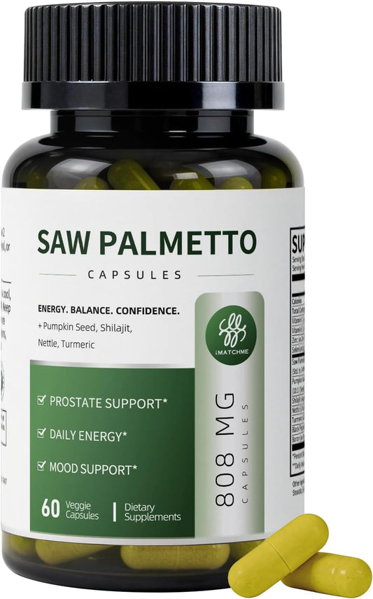 Saw Palmetto for Men Prostate Health Supplement to Promote Urinary Tract Function - with Pumpkin Seed Oil & Shilajit - 808mg Per Serving - DHT Blocker Hair Vitamin - Vegan, Non-GMO, 60 Capsules
