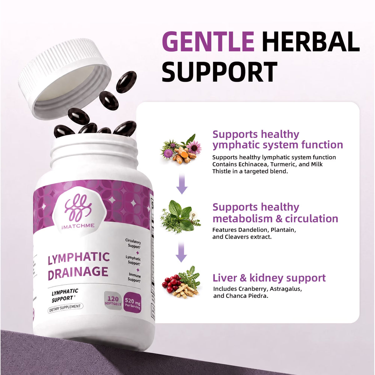Lymphatic Drainage Supplements, Herbal Blend with Echinacea & Dandelion,Immune & Lymph Support,60 Ct