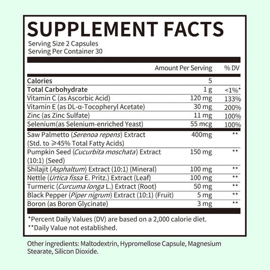 Saw Palmetto for Men Prostate Health Supplement to Promote Urinary Tract Function - with Pumpkin Seed Oil & Shilajit - 808mg Per Serving - DHT Blocker Hair Vitamin - Vegan, Non-GMO, 60 Capsules