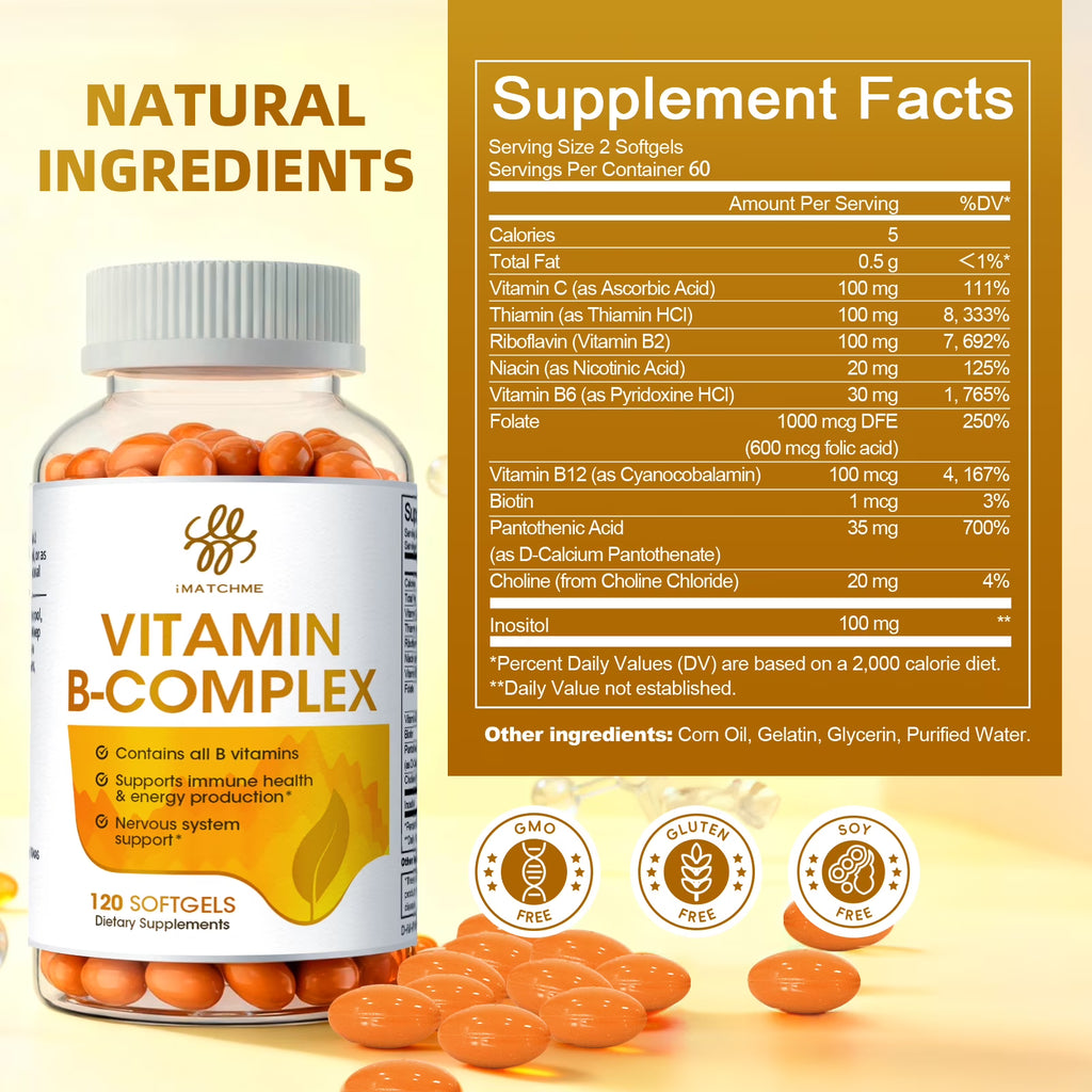 Vitamin B Complex Capsules, with Vitamin B1, B2, B3, B6,B12 Dietary Supplement, 120 Count