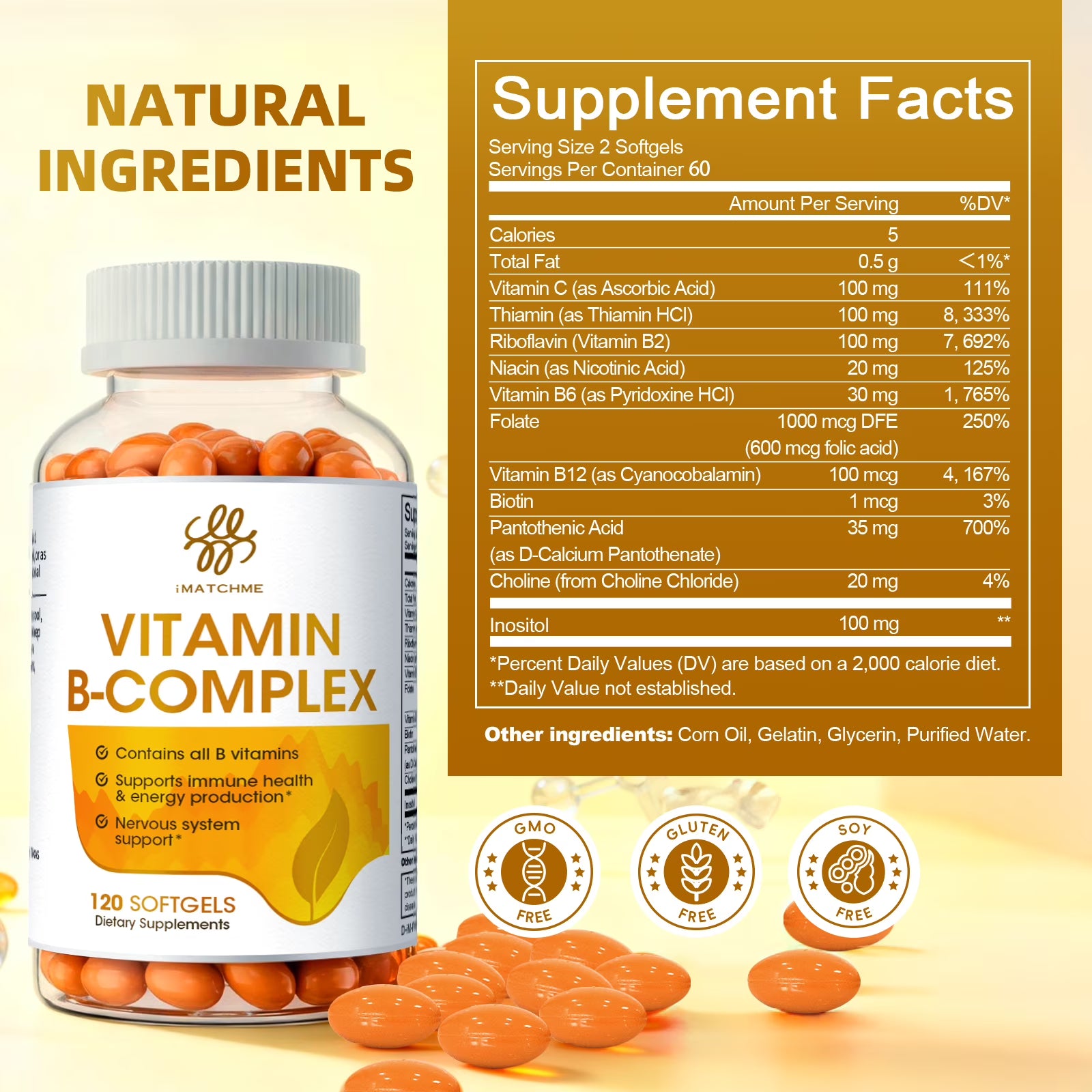 Vitamin B Complex Capsules, with Vitamin B1, B2, B3, B6,B12 Dietary Supplement, 120 Count