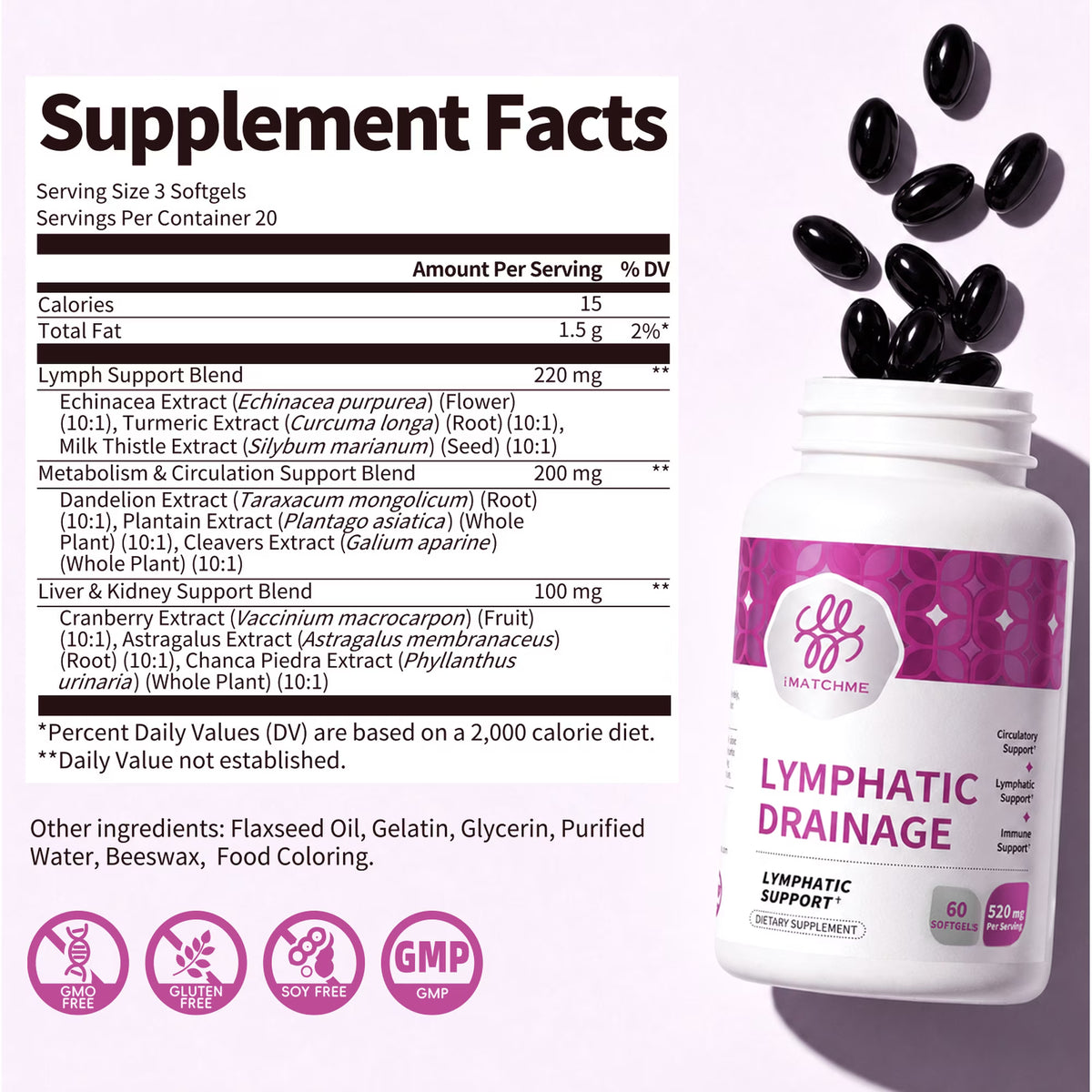 Lymphatic Drainage Supplements, Herbal Blend with Echinacea & Dandelion,Immune & Lymph Support,60 Ct