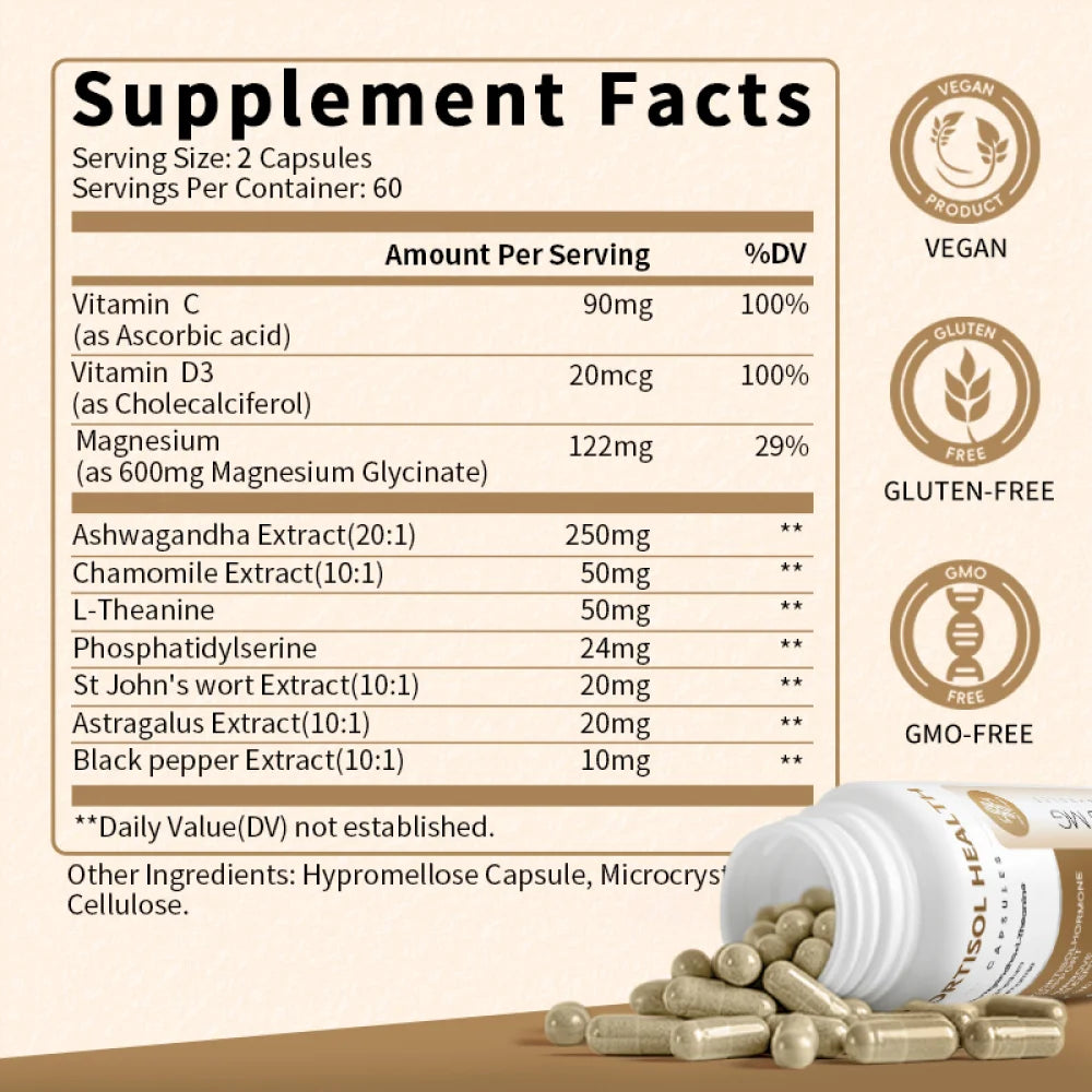 Cortisol Supplements for Women & Men - 10-in-1 Cortisol Reducer Manager with Ashwagandha, Magnesium - Lower High Cortisol Levels, Relaxation & Night Support, Non-GMO, 120 CT