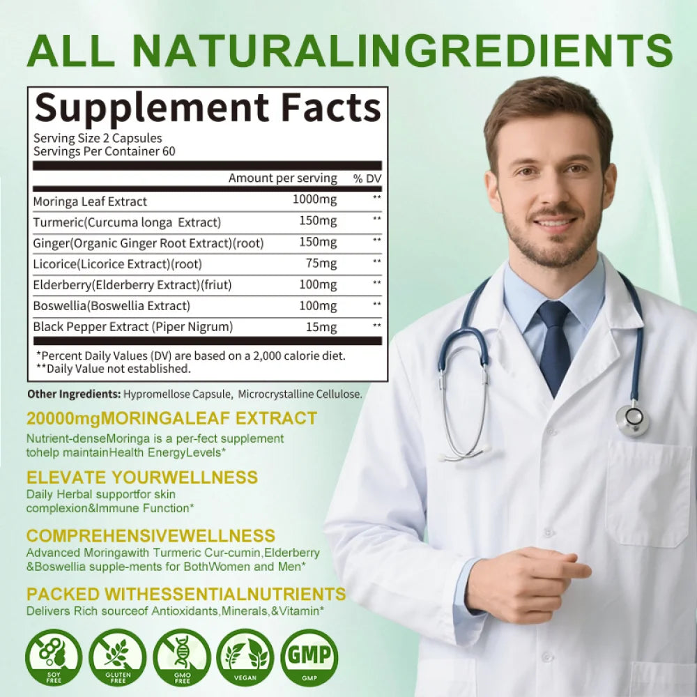 Moringa Capsules - Pure Moringa Powder Leaf Supplement, Energy, Skin, Immune & Gut Health Superfood, Rich in Antioxidants - Non GMO, Vegan, Gluten-Free - 120 Capsules