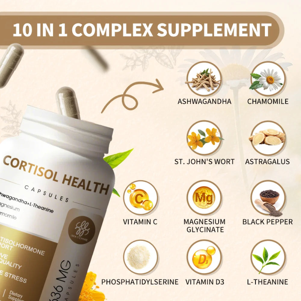 Cortisol Supplements for Women & Men - 10-in-1 Cortisol Reducer Manager with Ashwagandha, Magnesium - Lower High Cortisol Levels, Relaxation & Night Support, Non-GMO, 120 CT