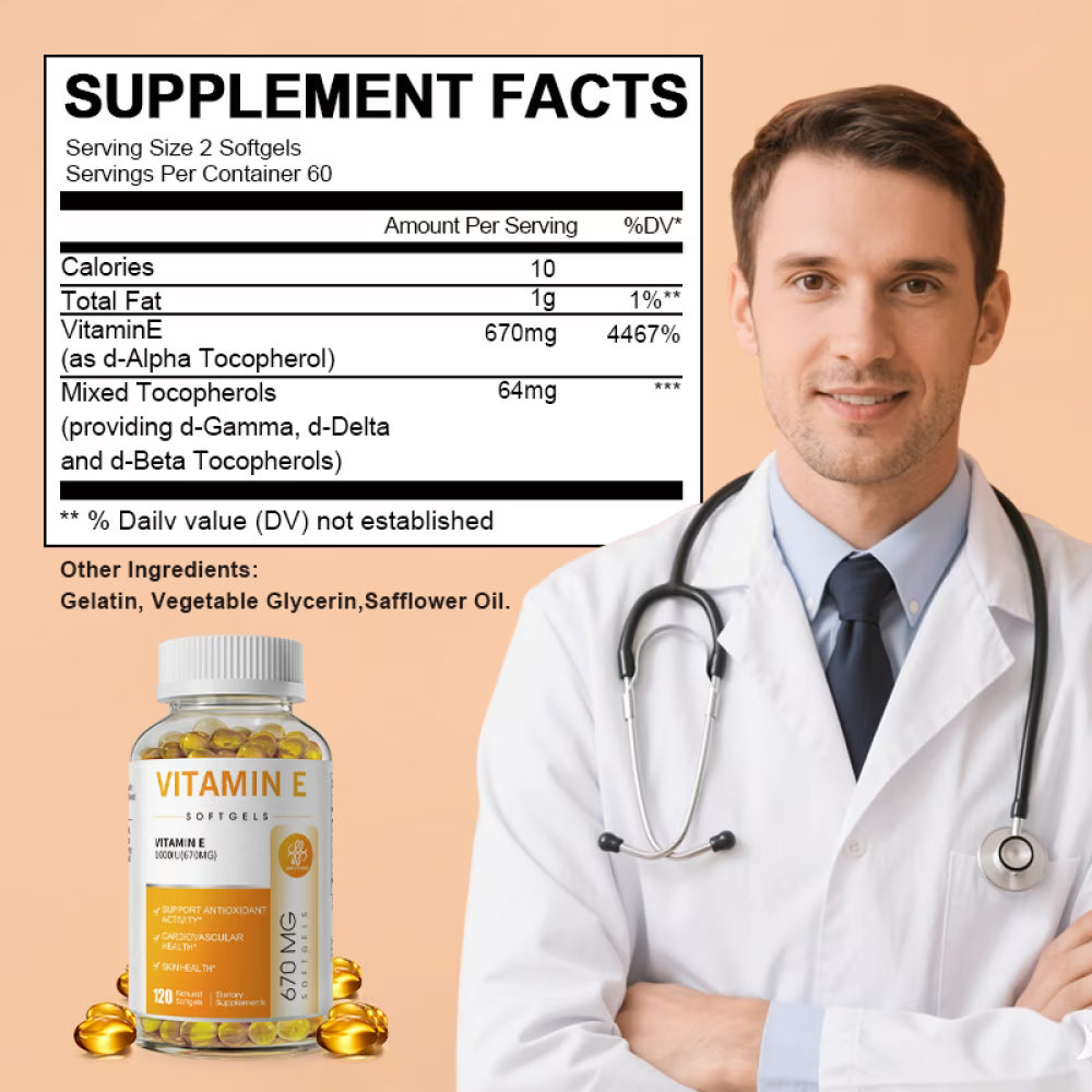 Vitamin E 1000 IU Softgels, Natural Antioxidant, Skin & Immune System Support - Naturally-Sourced Vitamin E - Gluten Free, Dairy Free - 120 Ct