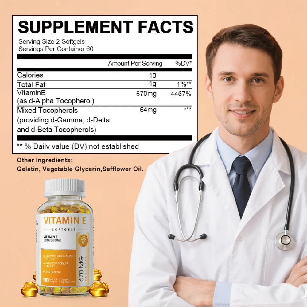 Vitamin E 1000 IU Softgels, Natural Antioxidant, Skin & Immune System Support - Naturally-Sourced Vitamin E - Gluten Free, Dairy Free - 120 Ct