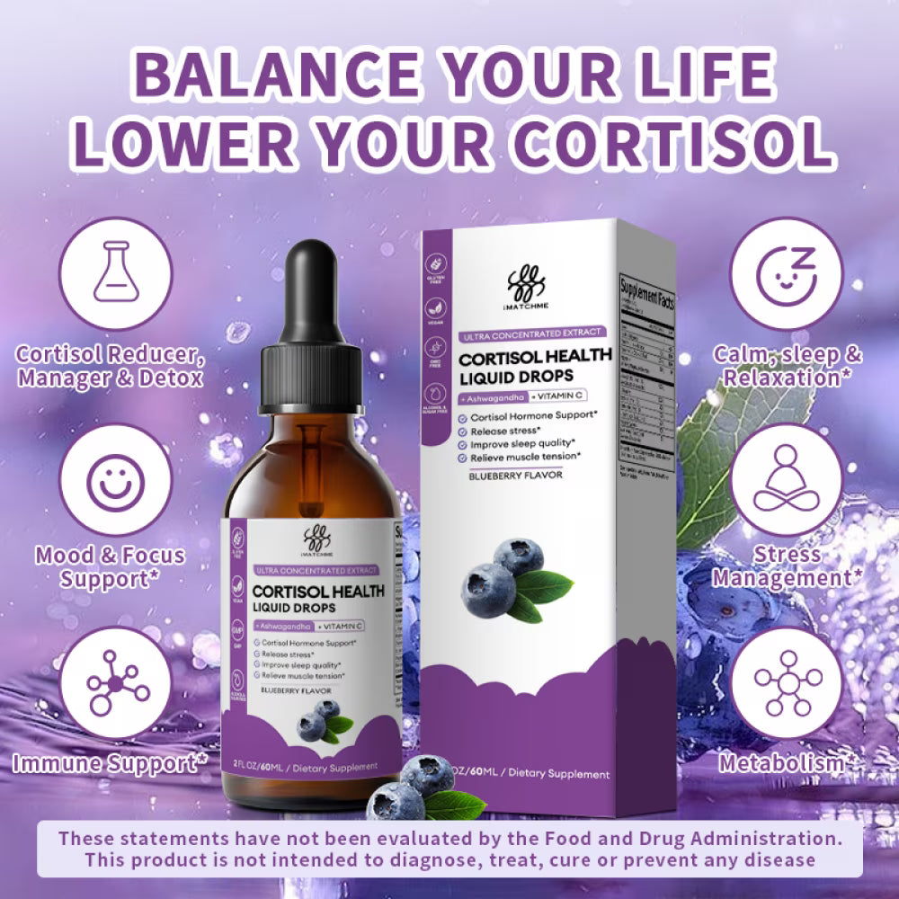 Cortisol Supplement Liquid Drops, 10 in 1 Cortisol Manager Reducer with Magnesium, Ashwagandha, L-theanine for Balanced Cortisol and Mood Support - 2 fl oz, Blueberry Flavor