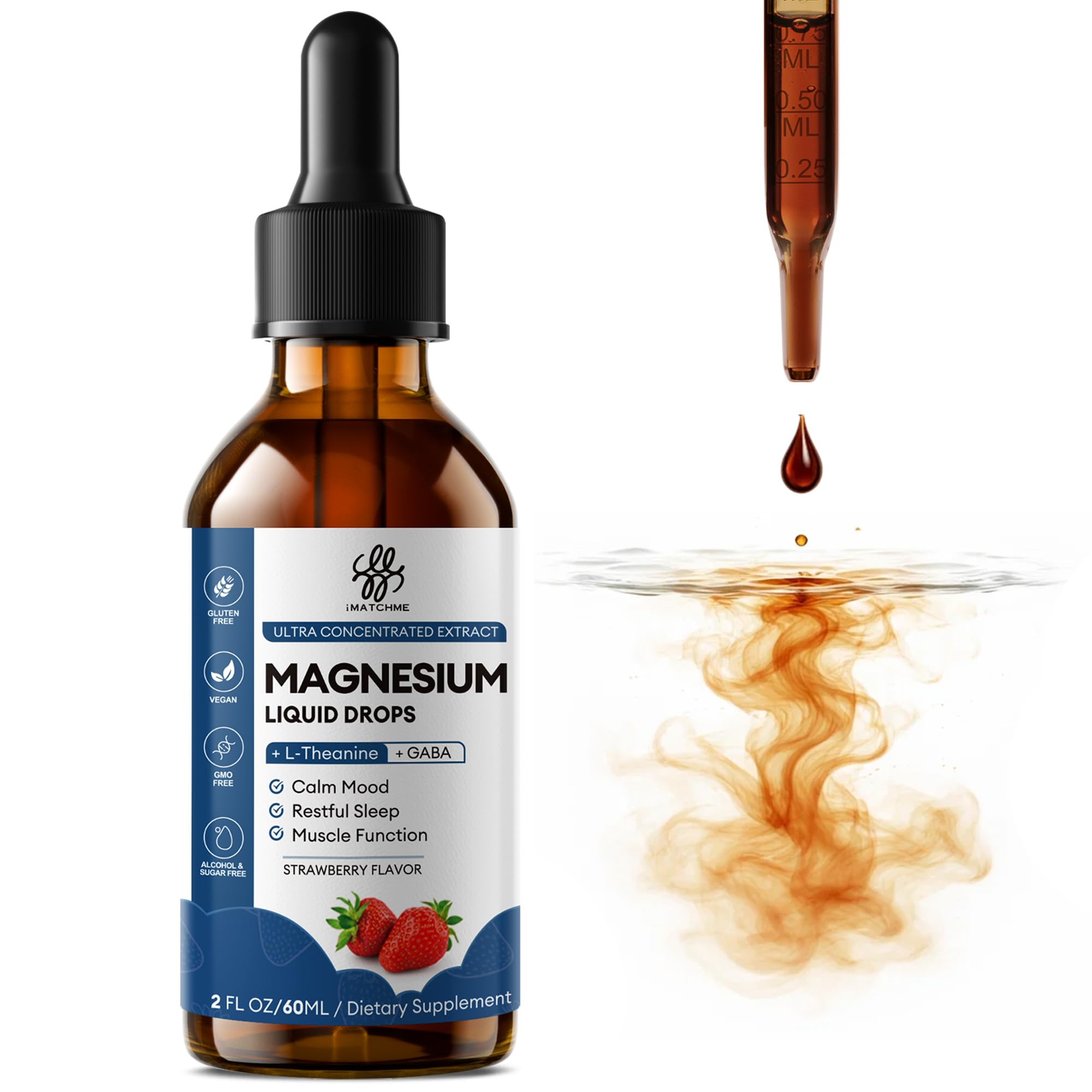 iMATCHME Liquid Magnesium Glycinate Drops - Triple Calm Formula with GABA & L-Theanine for Sleep, Stress Relief & Muscle Relaxation (Strawberry Flavor, 2oz)