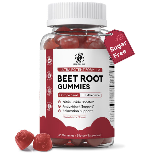 iMATCHME 30:1 Beet Root Gummies - Sugar-Free Nitric Oxide Booster for Blood Pressure, Circulation & Mood Support (60 Strawberry Chews)