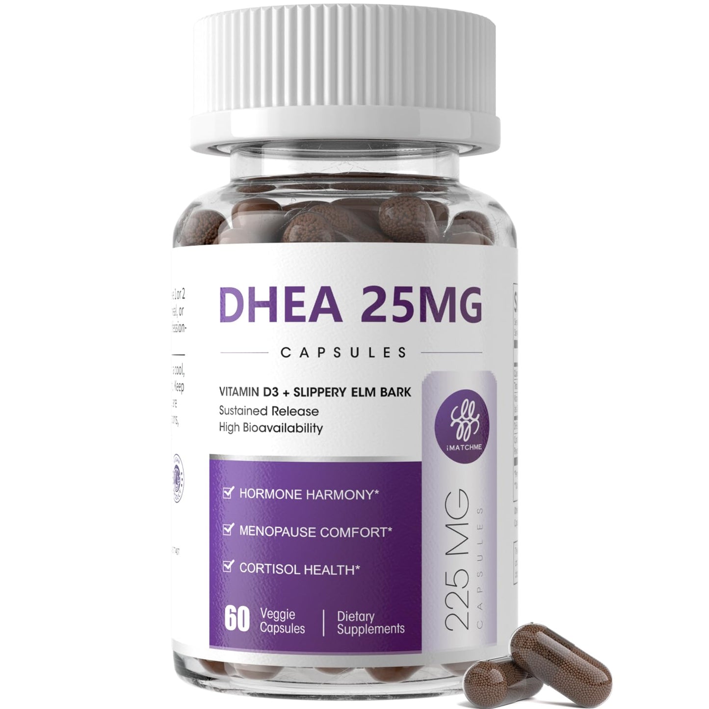 iMATCHME Women's DHEA 25mg with Vitamin D3 & Slippery Elm - Advanced Bead-In-Capsule for Hormone Balance, Energy & Healthy Aging (60 Vegan Caps)