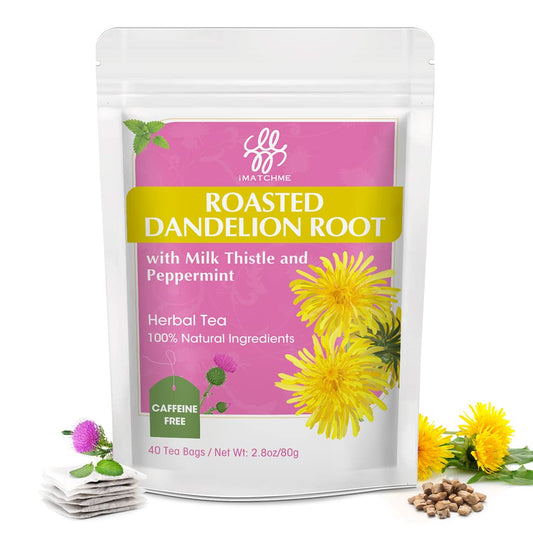 iMATCHME Organic Roasted Dandelion Root Tea - 3-in-1 Detox Blend with Milk Thistle & Peppermint for Digestive Health & Vitality (40 Tea Bags)