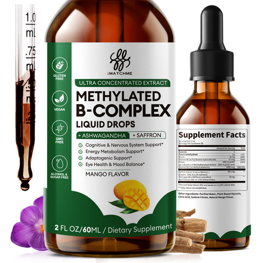 iMATCHME Methylated B Complex Liquid Drops - Max Absorption L-Methylfolate (L-5-MTHF), Vitamin B12 Methylcobalamin & B6 - with Ashwagandha & Saffron for Energy, Focus, Mood & Brain Health Support - Vegan, Mango Flavor, 2 Fl Oz