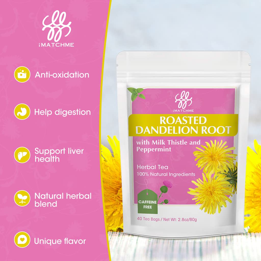 iMATCHME Organic Roasted Dandelion Root Tea - 3-in-1 Detox Blend with Milk Thistle & Peppermint for Digestive Health & Vitality (40 Tea Bags)