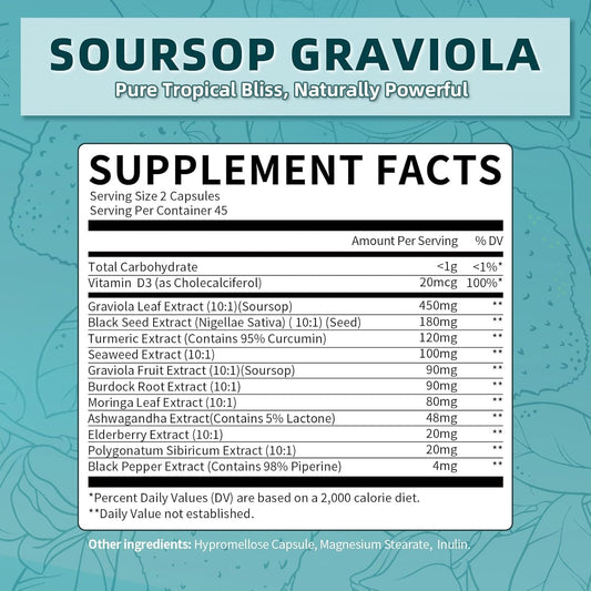 iMATCHME 11-in-1 Soursop Graviola Capsules - 10:1 High Potency Extract with Moringa, Black Seed & Turmeric for Daily Vitality (90 Count)