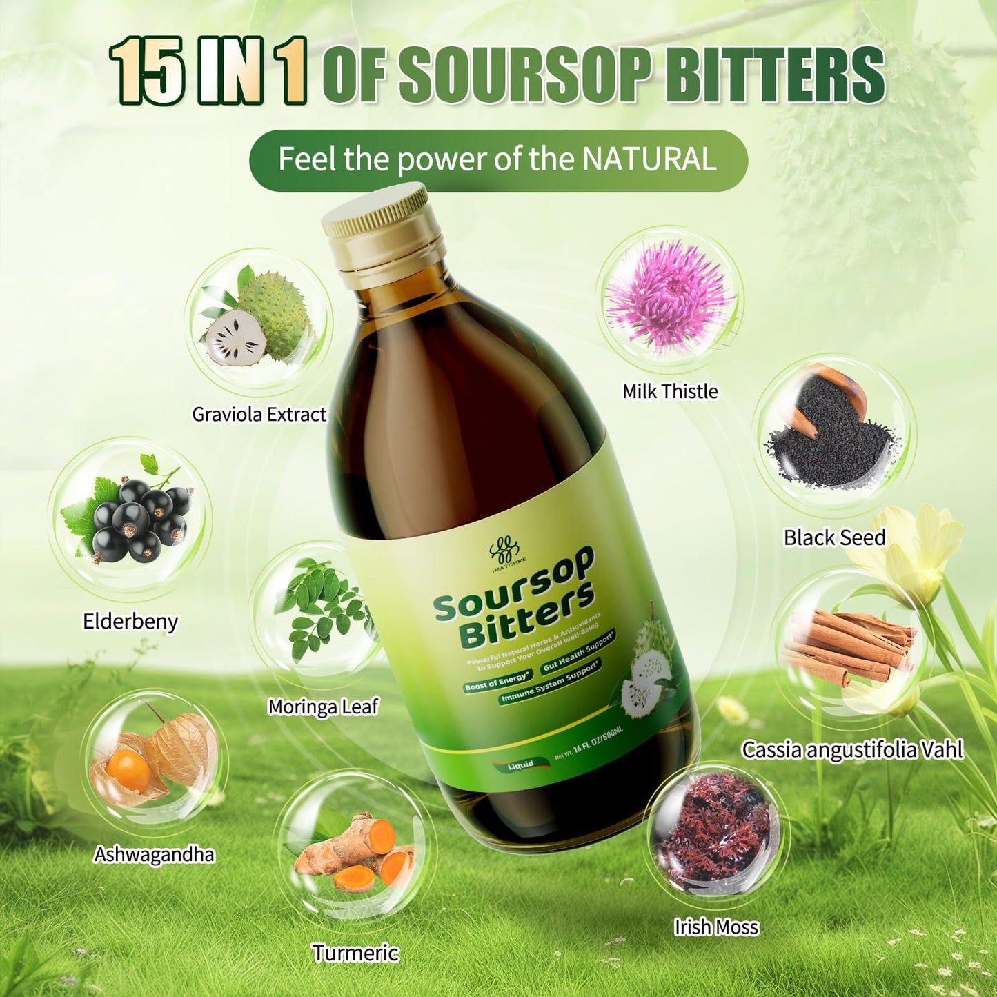 Soursop Bitters Liquid with Black Seed,Moringa & Turmeric for Digestive & Gut Cleanse, Antioxidant,Skin Health,Cell Regeneration,Immune & Mood Support,Pure 15 Herb Soursop Tea 16 fl oz